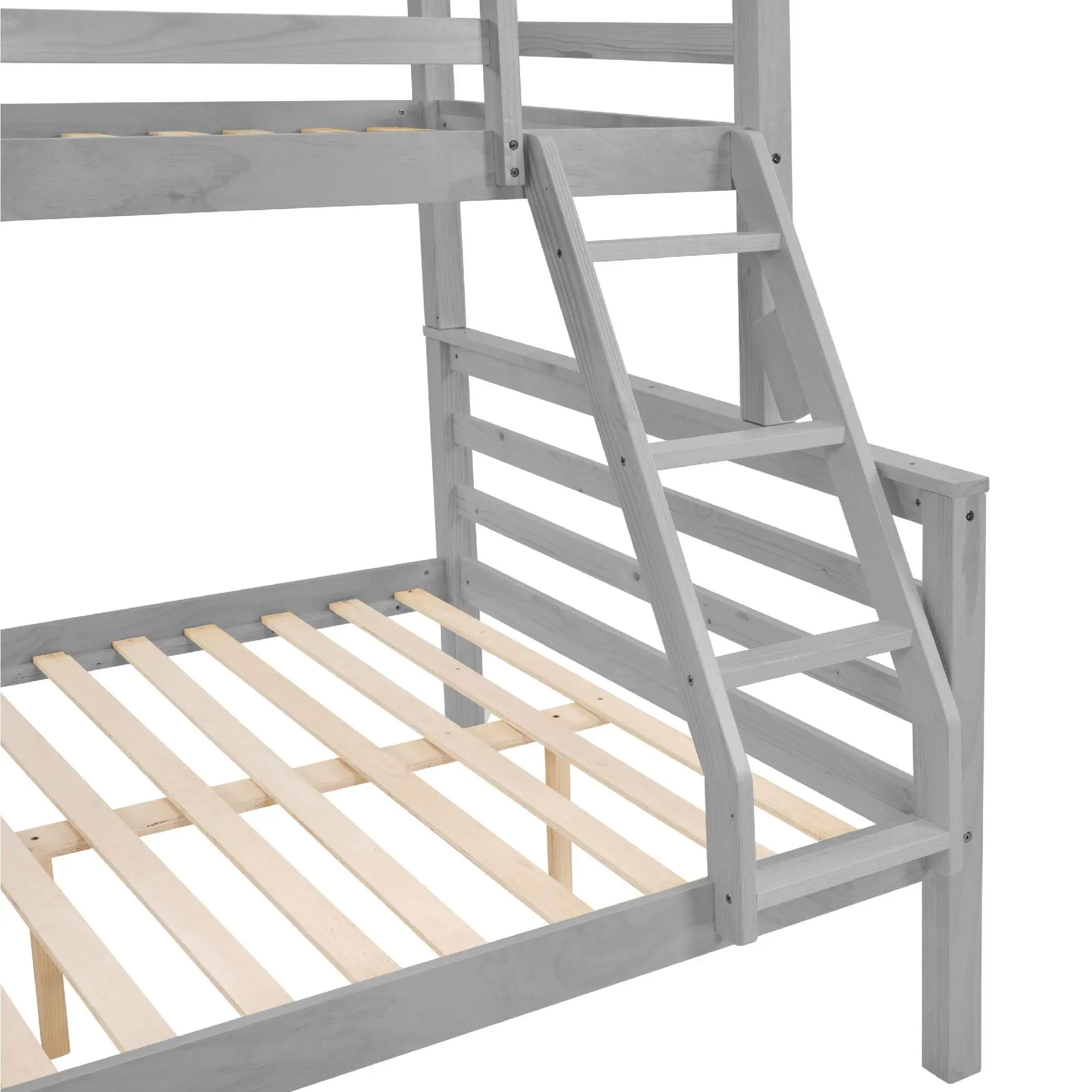 Twin Over Full Size Bunk Bed with Thick Posts Wooden High Guardrail and Ladder for Kids Teens Dorm No Box Spring Needed Grey - Detail 1