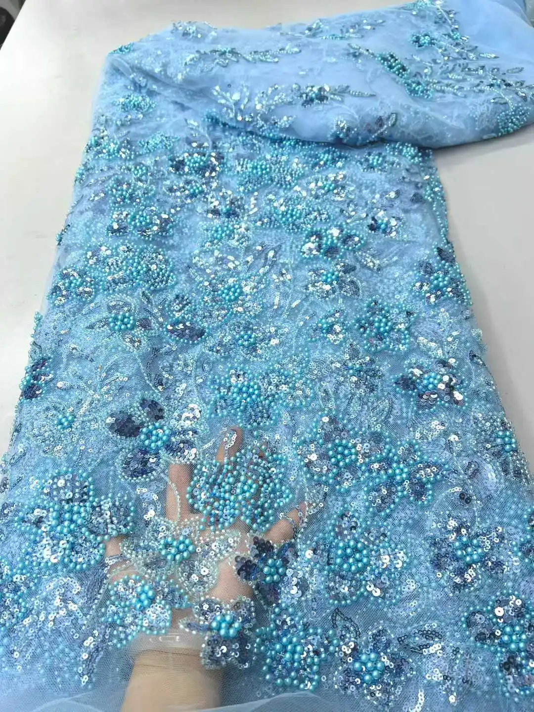 African French Nigerian High End Tulle Lace Fabric with Beads Sequins Mesh for Embroidery Wedding Party Bride Sewing Dress 2018