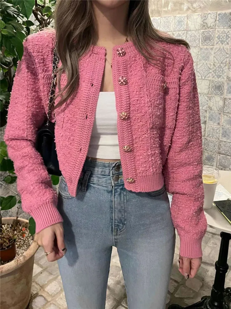 Celebrity Women Hook Knit Short Cardigan New Fall Fashion O Neck Single Breast casua Sweater Retro Black White Pink Coat Top