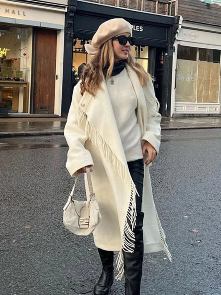 

Tassel Women Woolen Coat Elegant Turtleneck Irregular Long Sleeve White Female Overcoat 2024 Autumn Winter Loose Lady Outwear