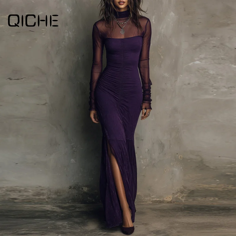 QICHE 2026 New Women Sexy Long Sleeve Dress, Solid Color Spliced Elegant Side Split Maxi Dress