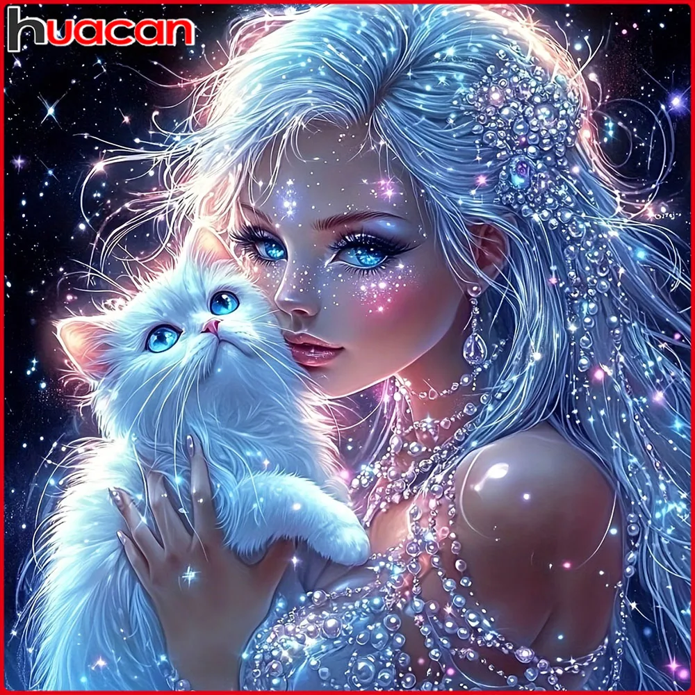 Huacan 5D DIY Diamond Painting Cat Lady Diamond Mosaic Animal Portrait Complete Kit Rhinestone Pictures