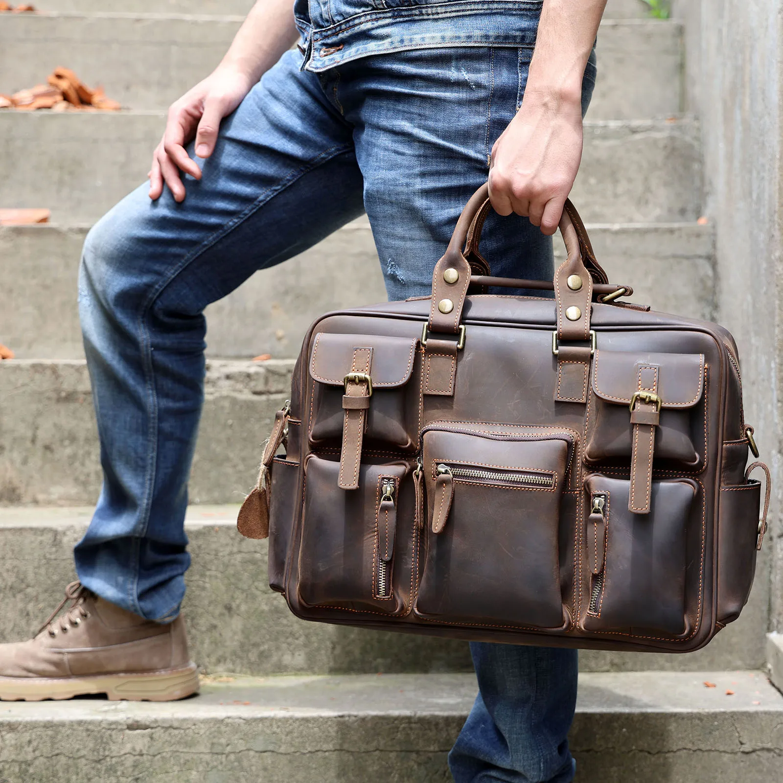 Vintage Herren-Aktentasche aus Vollnarbenleder, 16 Zoll Laptop-Umhängetasche, Echtes Leder, Business-Reisetasche, Crazy Horse Leder – Detail 6