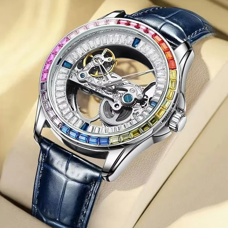 Colored Diamond  New Luxury Watch Men Fashion Hollow-out Mechanical Watches Hip Hop Bling Jewelry Reloj Hombre for Party