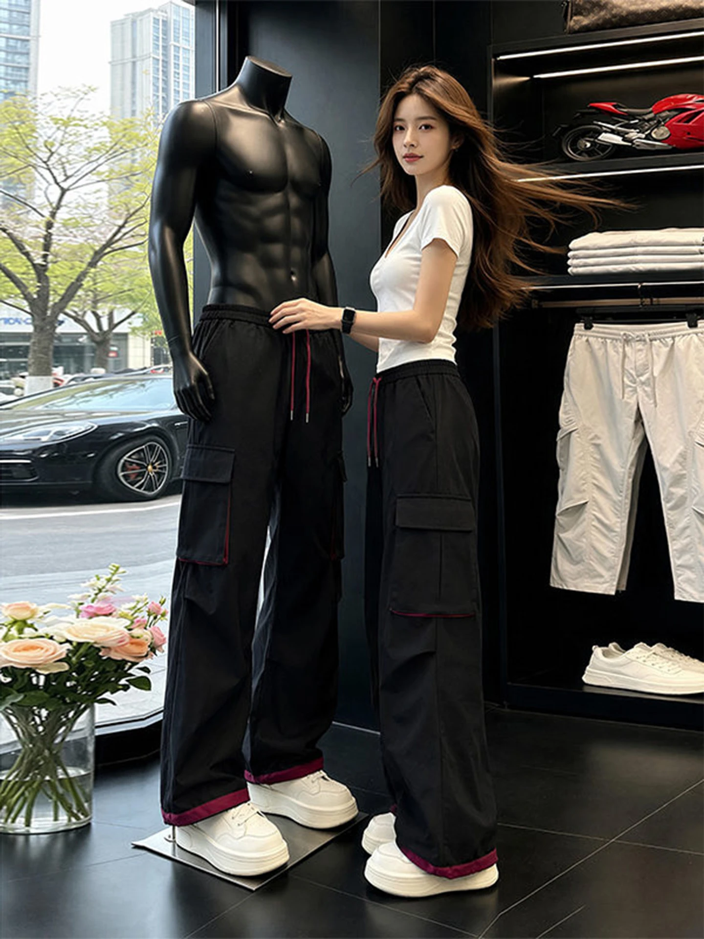 Quick Dry Work Trousers Men's Summer Multi Pocket Design Casual Straight Leg American Style Pants Color Block Loose Fit