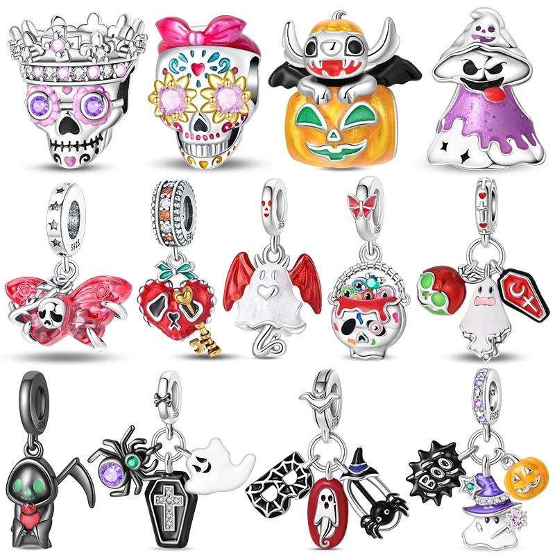 Halloween Skull Ghost Pumpkin Spider Charm Beads Dangle Charms Fits 3mm Bracelet Necklace For Women Pendant Luxury DIY Jewelry