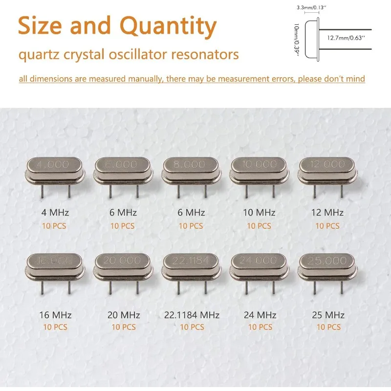 100Pcs 10 Value DIP Quartz Crystal Oscillator 4M,6M,8M,10M,12M,16M,20M,22.1184M,24M Crystal Resonators Oscillator Assortment Kit