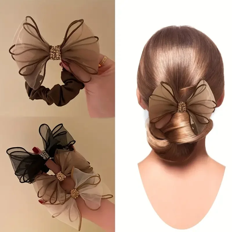 3Pcs Elegant Vintage Rhinestone Bow Hair Ties Stretchy Fabric Sparkling Crystal Perfect for Stylish Updos Hair Accessories
