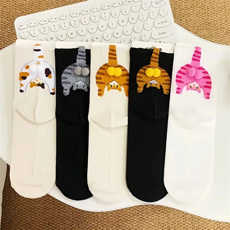 

1/5 Pairs Men Ladies Abstract 3D Cat Pattern Mid Tube Socks Fun Perfect Gift Comfortable Breathable All Season Casual Socks ﻿