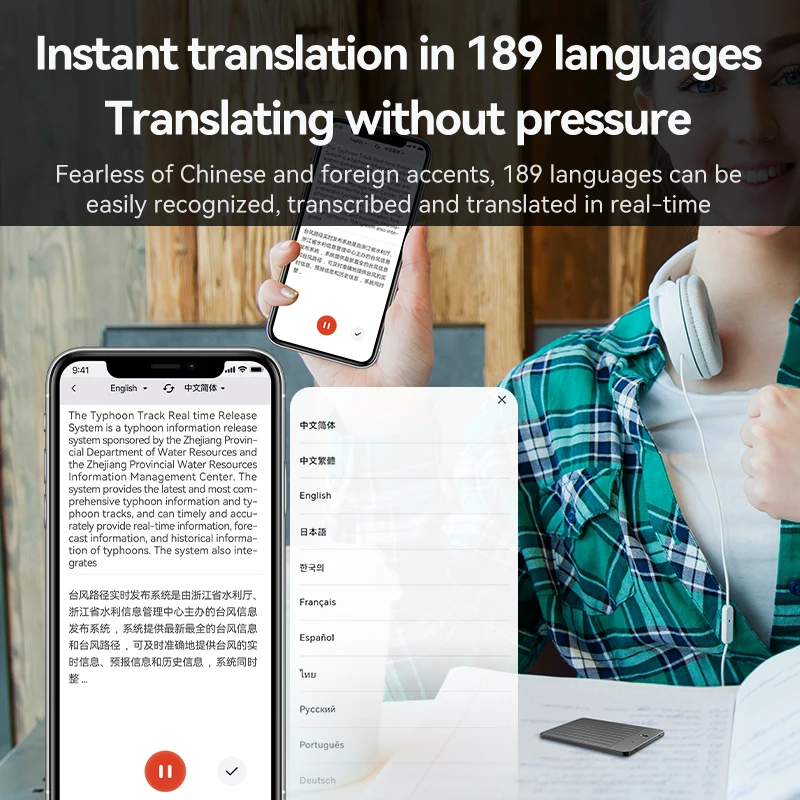 رقيقة جدا 180 لغة AI مسجل صوت المترجم عبر الإنترنت المغناطيس الضوضاء تقليل التطبيق التحكم مكالمات الهاتف المحمول الصوت الإملاء