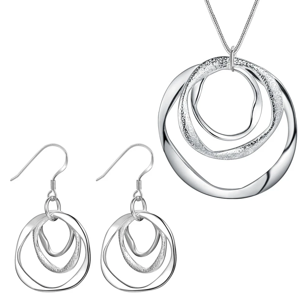 

925 sterling silver vintage fashion charm wedding party jewelry women's frosted three circle earring necklace Christmas gift