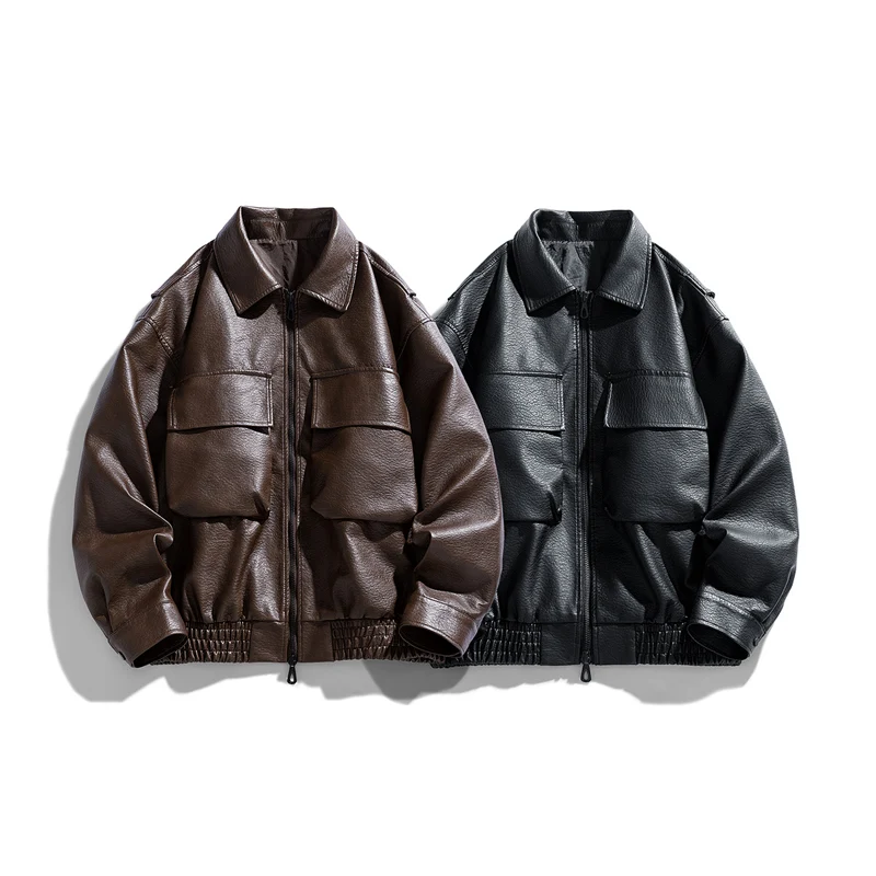 

Мужская куртка-бомбер в стиле ретро, свободная короткая кожаная куртка из искусственной кожи, осень-зима, новое пальто с большим карманом и лацканами, трендовая мотоциклетная кожаная куртка