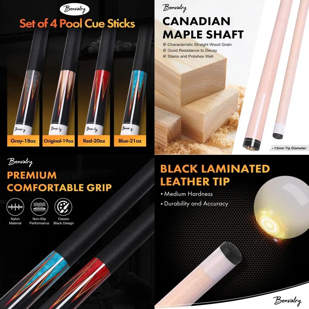 

4-Piece Maple Shaft Pool Cue Set with 1-inch Tips, Nylon Wrapped, Decorated Butt End