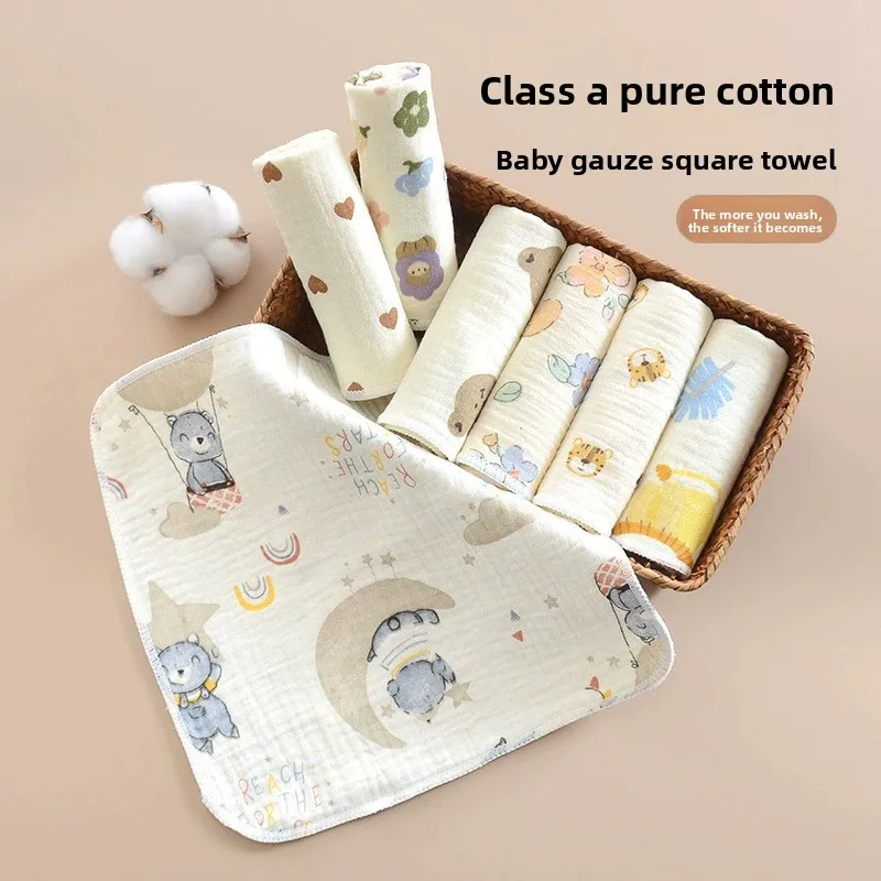 منشفة شاش للأطفال حديثي الولادة - مربعة صغيرة من القطن الخالص، حافة مغلقة مكونة من 4 طبقات، استخدام للوجه/اللعاب، نمط لطيف، ناعم ماص، لطيف