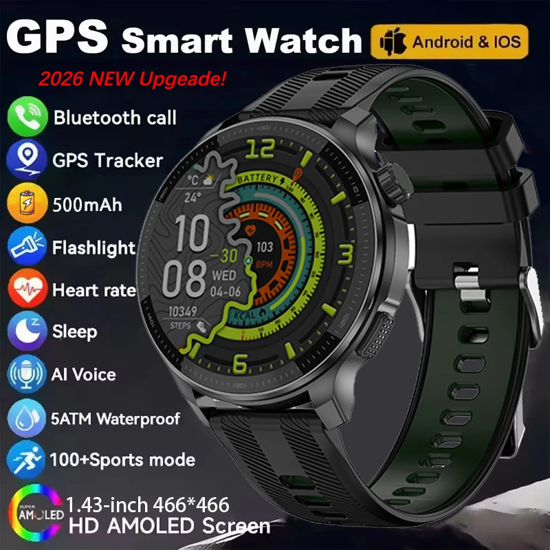 

Outdoor Military Smart Watch Men Built-in GPS 1.43" AMOLED Compass Altimeter BT Call 3ATM Waterproof Clock LED Sports Smartwatch