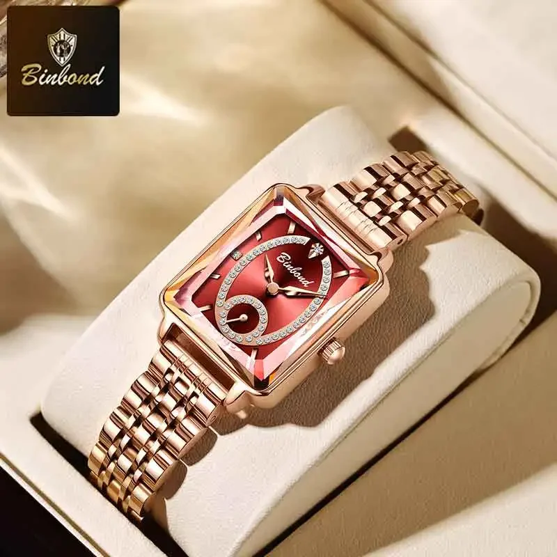 BINBOND New Fashion Women Quartz Watch High Quality Elegant Jewelry Design Waterproof Watch Luxury Square Rose Gold Women Watch