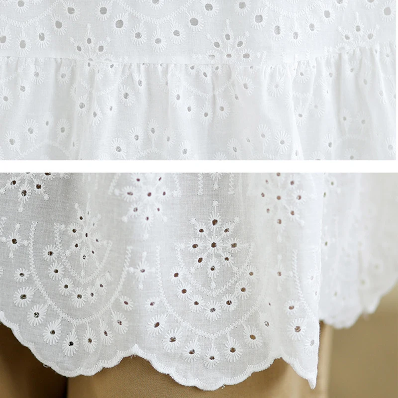 Summer Elegant Lace Women Blouse Fashion Short Sleeve Hollow Out White Embroidery Shirts Casual Loose Puff Sleeve Tops