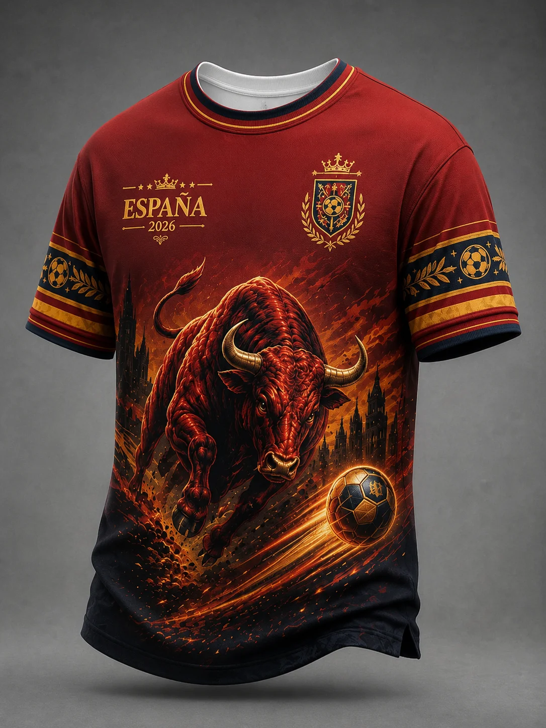 2026 new style Spanish retro children's football T-shirt with 3D print design, featuring a red bull and urban landscape pattern