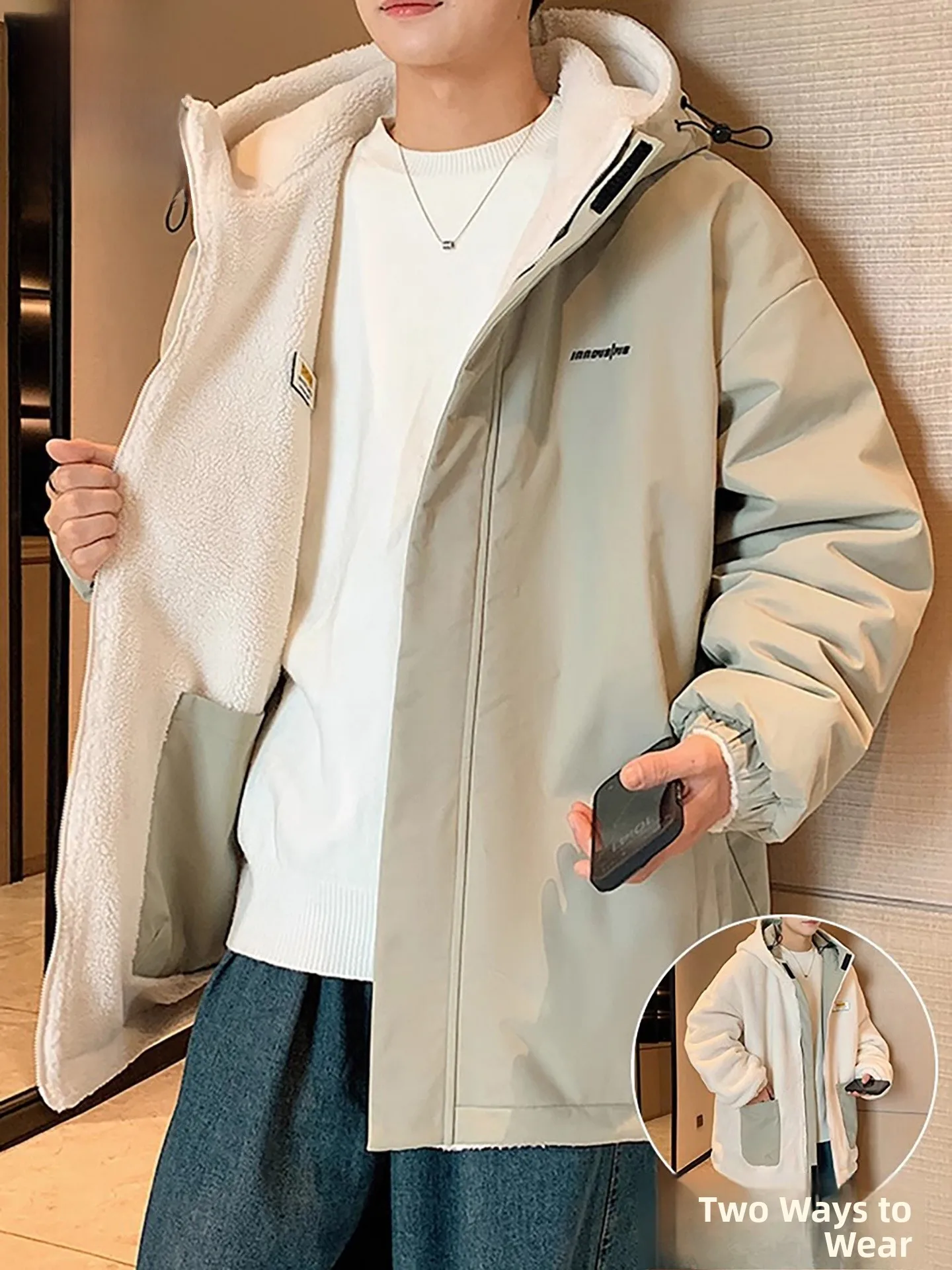 

Double-Sided Wear Lamb Fur Jaet Men's Autumn Winter Thi Warm Casual Loose Outerwear Cotton Padded Faion Urban Sle