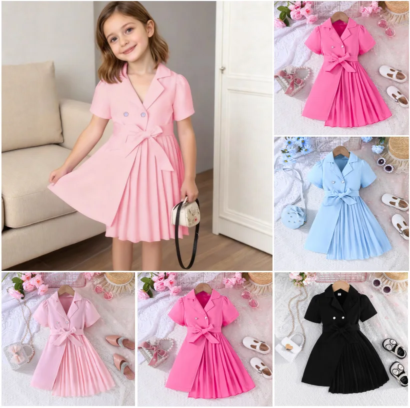 

Fashion Kids Clothes Short Sleeve Girls Pleated A Line Bow Dress For Children's Clothing Daily Wear Casual Formal Party Outfits