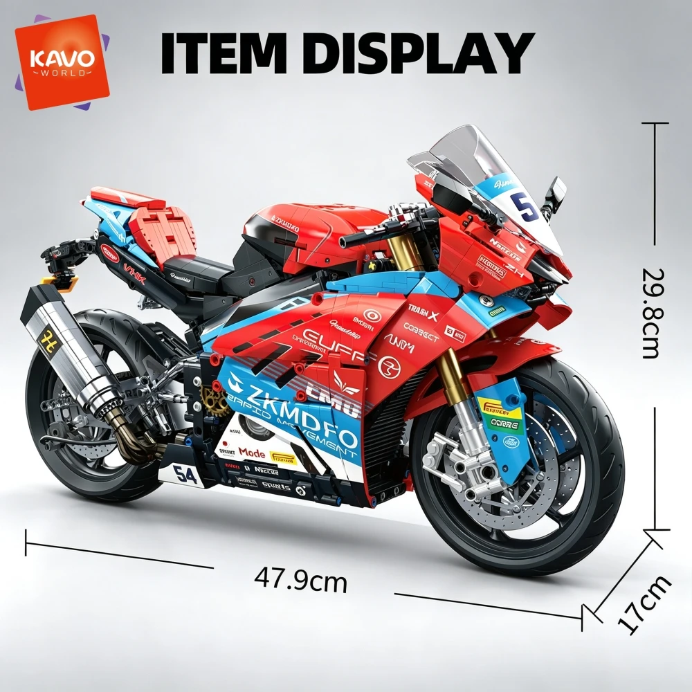 KAVOWORLD 1840pcs Oversized World Superbike Building Blocks 1:5 Scale High-Detail Championship Pro Racing Motorcycle Model Working Suspension Disc Brakes Sport Bike Replica Construction Bricks Set for Desk Display Christmas Halloween New Year Party Gifts