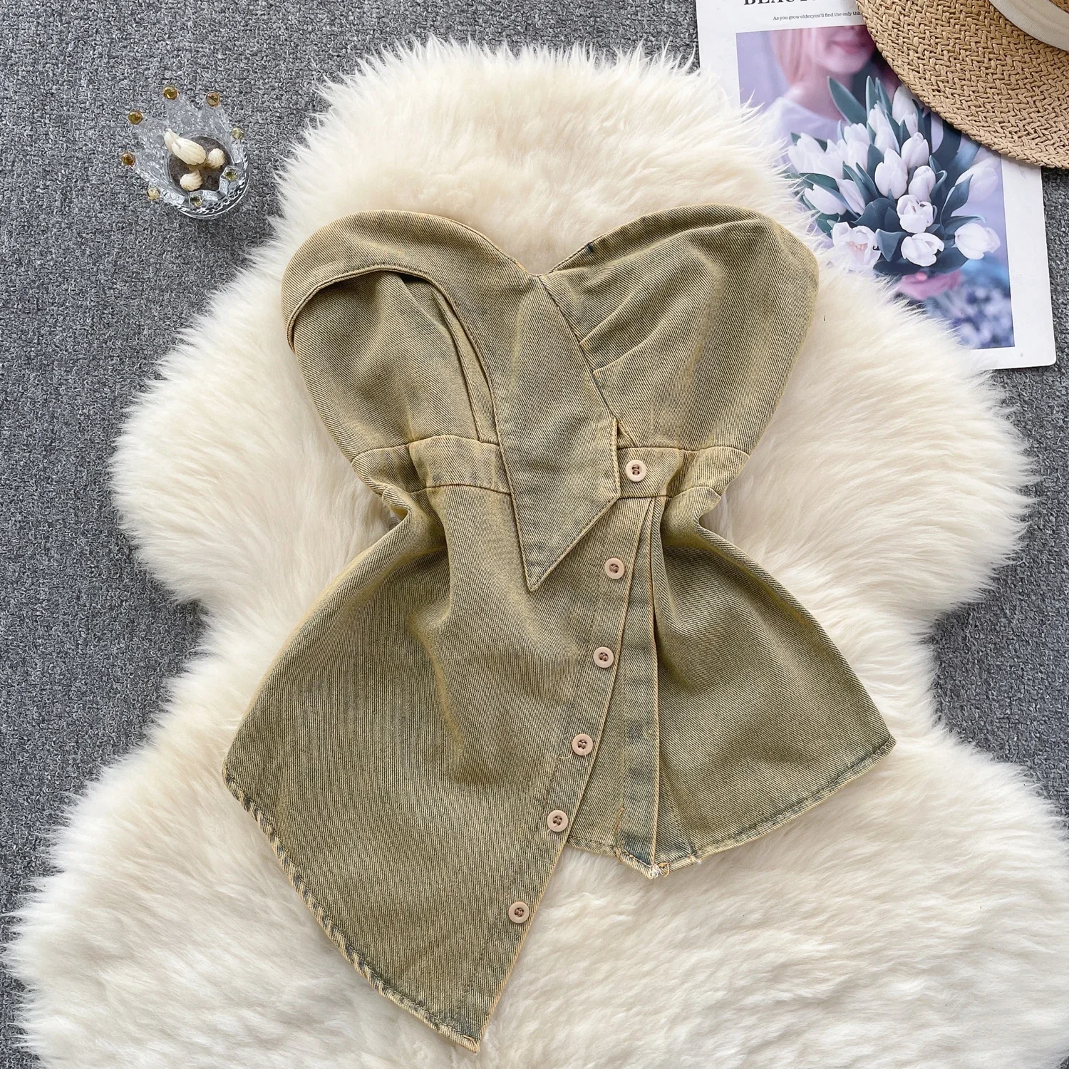 Chic Denim Asymmetrical Tube Top Korean Fashion Tank Top Slim Sexy Strapless Casual Hotsweet Crop Tops Summer Women Clothing