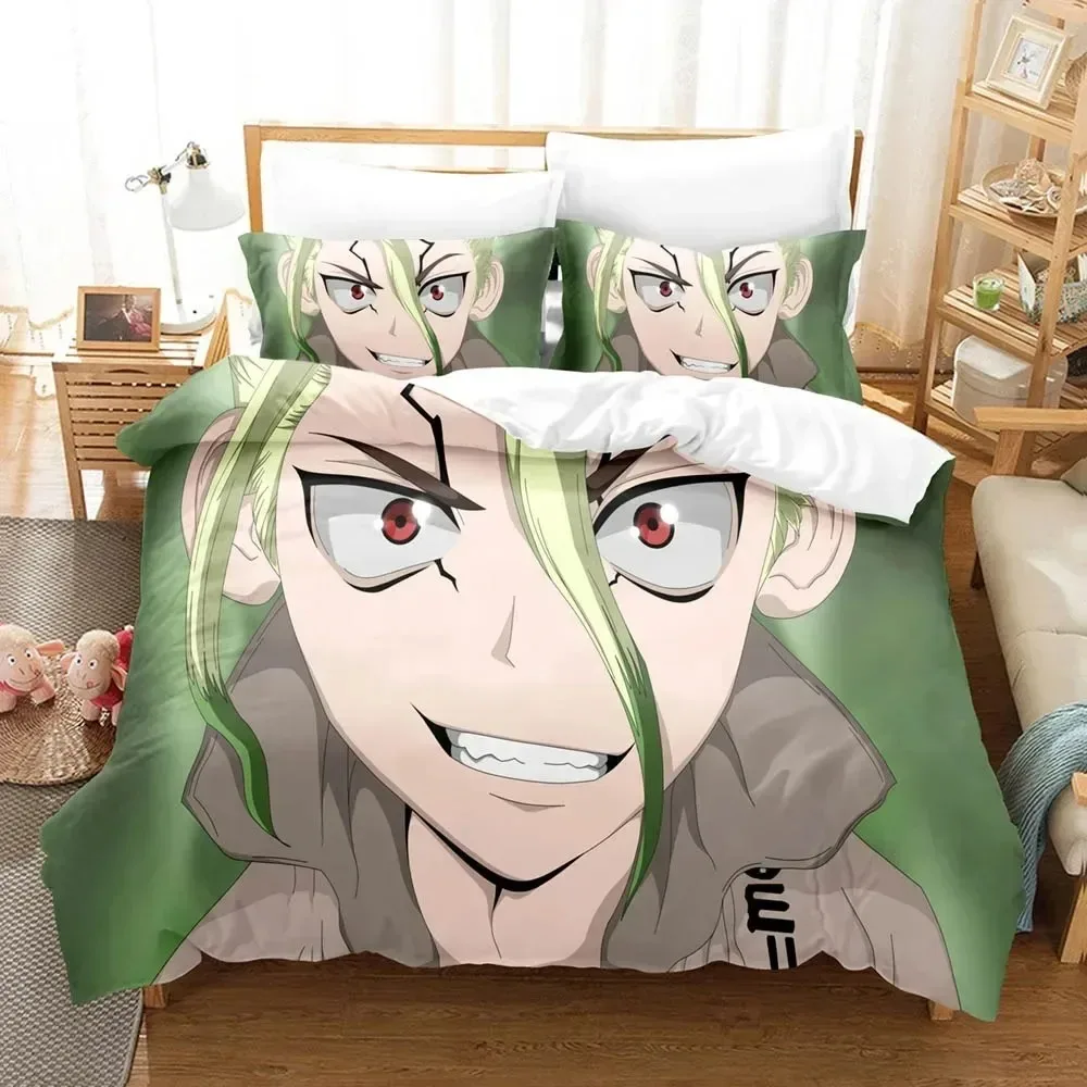 Set tempat tidur Anime Dr.Stone Senku baru dicetak 3D anak laki-laki Perempuan ukuran Ratu kembar penutup sarung bantal tempat tidur anak-anak dewasa tekstil rumah