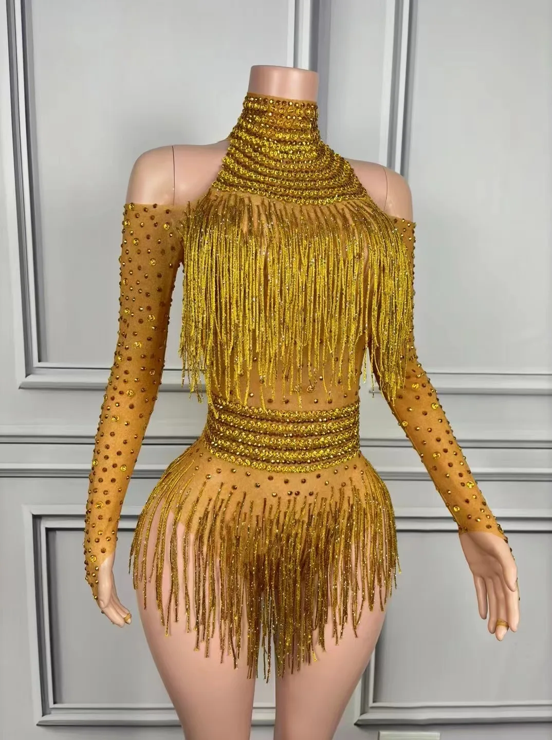 Costume da ballerino cantante Strass scintillanti Frange Body Body da ballo sexy Vestito da discoteca Spettacolo di spettacoli sul palco