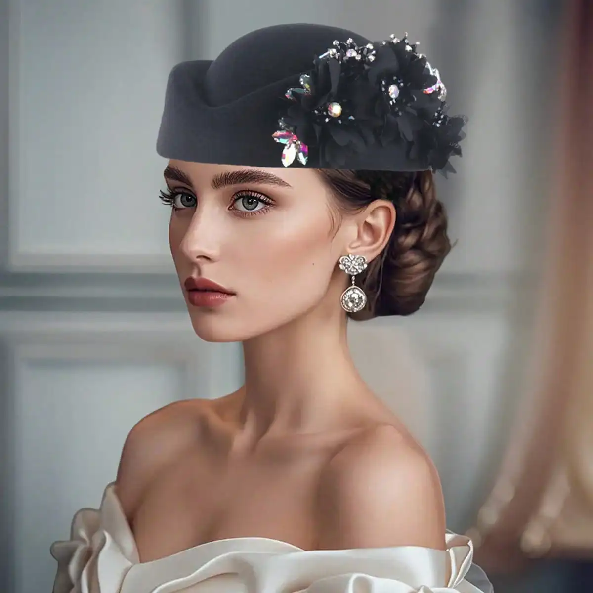 Frauen Pillbox Hut mit Blumen Vintage britischen Stil Derby Hüte Filz Baskenmütze Fascinators Caps für Kirche Tea Party