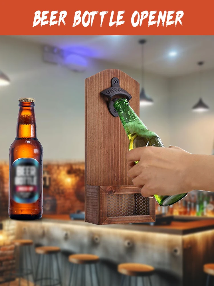 

1 шт., открывалка для бутылок, винтажная деревянная настенная открывалка для бутылок с крышкой, открывалка для пивных бутылок, инструмент для домашней кухни