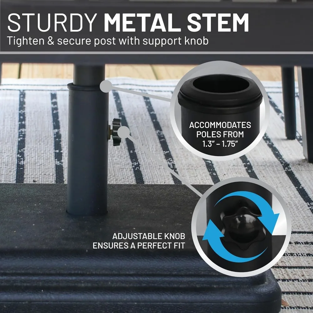 قاعدة مظلة شديدة التحمل بوزن 40 رطل لطاولة الفناء، جذع قابل للتعديل يناسب أقطاب 1-1.5 بوصة، حامل خارجي أسود
