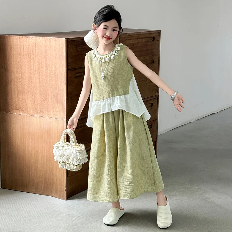 

Children Clothing Set Girls Sleeveless Top+Wide Leg Pants Two-piece Set Linen Splicing Set 2025 Summer New