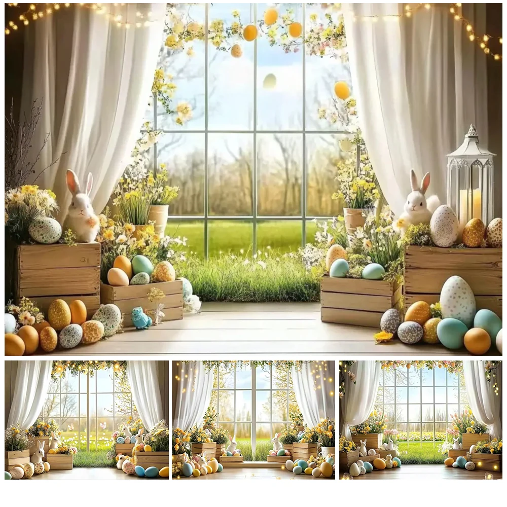 

Spring Easter Backdrop Window Bunny Eggs Greenery Easter Children Birthday Party Baby Shower Photography Background Photo Studio