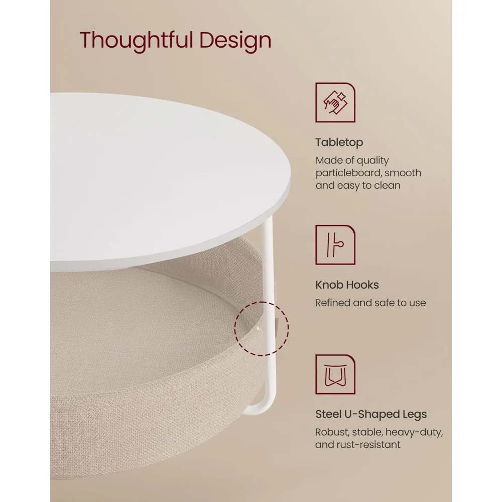 طاولة قهوة مع مساحة تخزين، طاولة مركزية مستديرة لغرفة المعيشة مع سلة قماش، طراز حديث، إطار معدني، أبيض غير لامع وكاليفورنيا