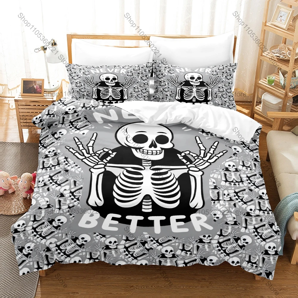 Never Better Skeleton Duvet Cover + 2 Pillowcases, Funny Skeleton Graphic Print Bedding Set Soft Fabric Bedroom Decor Gift