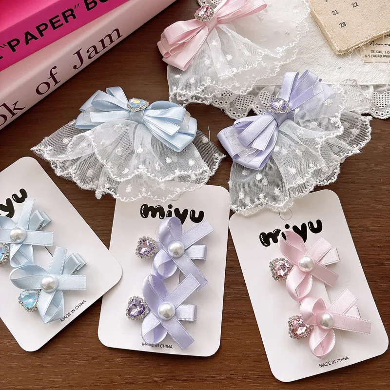 

Нежные заколки для волос Sweet Princess с кружевом, стразами, жемчугом и бантом для девочек, универсальные тканевые боковые заколки-зажимы, аксессуары для волос