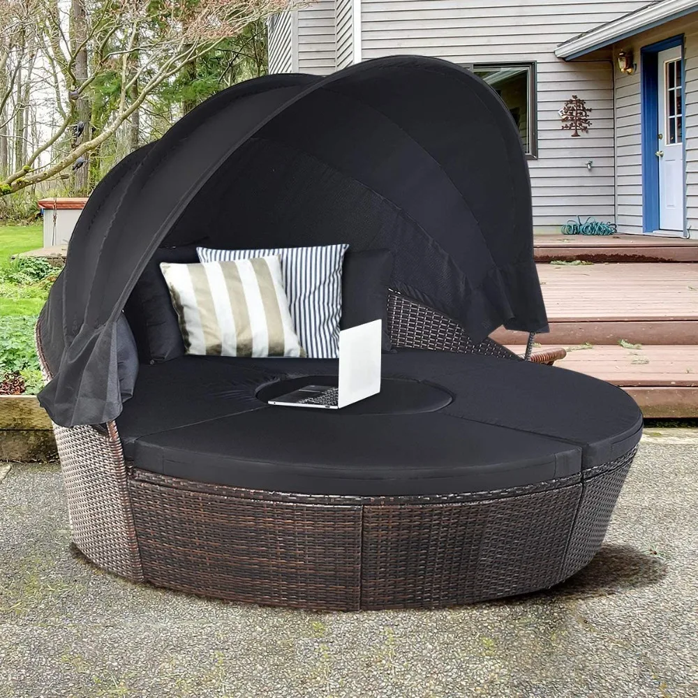 Patio Canopy Daybed Rattan Wicker Furniture Set Soft Cushions Coffee Table Outdoor Backyard Poolside Custom