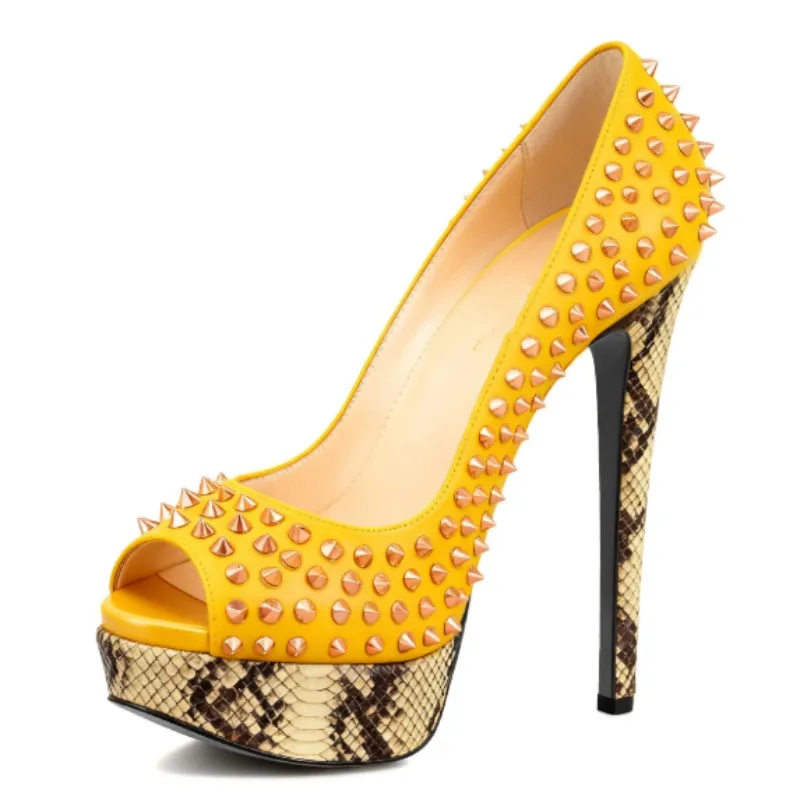 DIZHUANG Fashionable women's high heels. Golden leather single shoes. Rivet shoes. About 15cm heel height. Peep toe pumps. 34-46