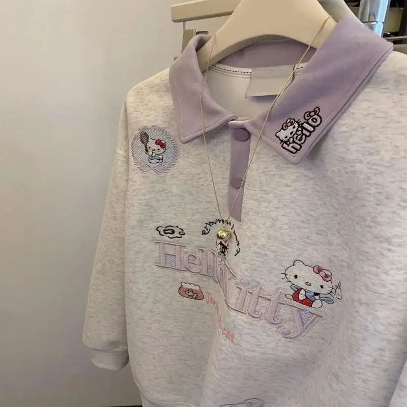 

Женская толстовка Sanrio Hello Kitty, хлопковая, осенняя, новая, светло-серая, с вышивкой, в корейском стиле, с цветными блоками, молодежная мода