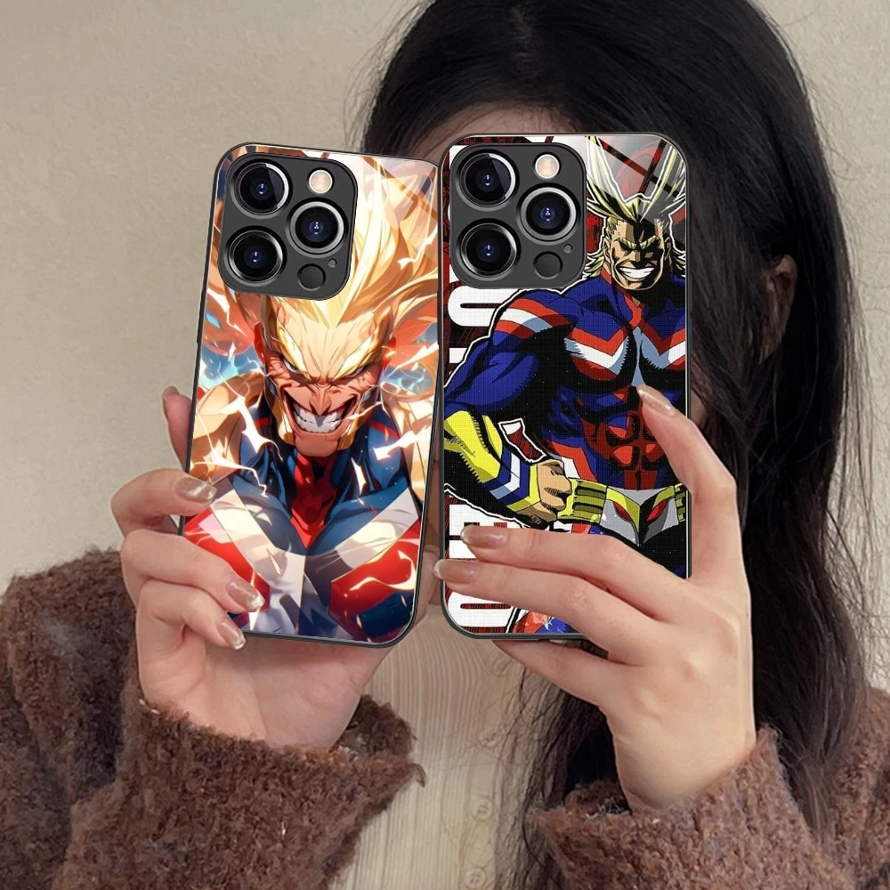 Hero All Might Mobile Cell Phone Case for iPhone 15 14 13 12 11 X XR XS 8 Pro Max Plus Mini PC Glass Phone Cover Shell