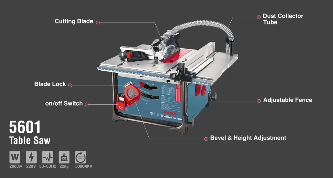 Ronix 216mm Dust-collection table saw 5601 2000w Multi-functional Woodworking Stainless steel double invisible Sliding Saw Table