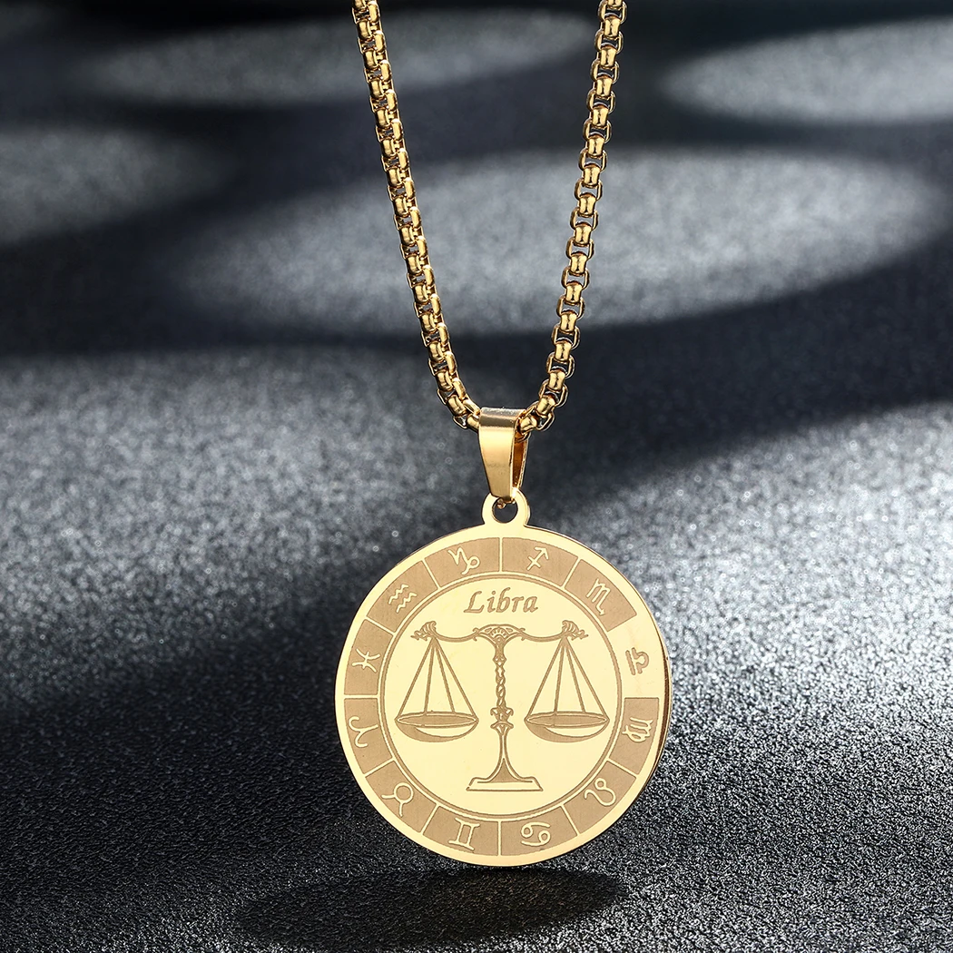 Naszyjnik ze znakiem zodiaku ze stali nierdzewnej dla kobiet mężczyzn 12 konstelacji Libra Symbol wisiorek naszyjnik Amulet kołnierz mężczyźni biżuteria prezent