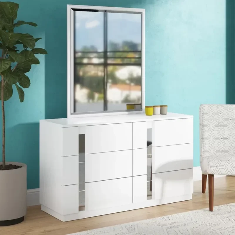 for Large Square Mirror Bedroom Makeup Table with Groove Design High Gloss Luxury Modern 6 Drawer Dresser Factory Custom