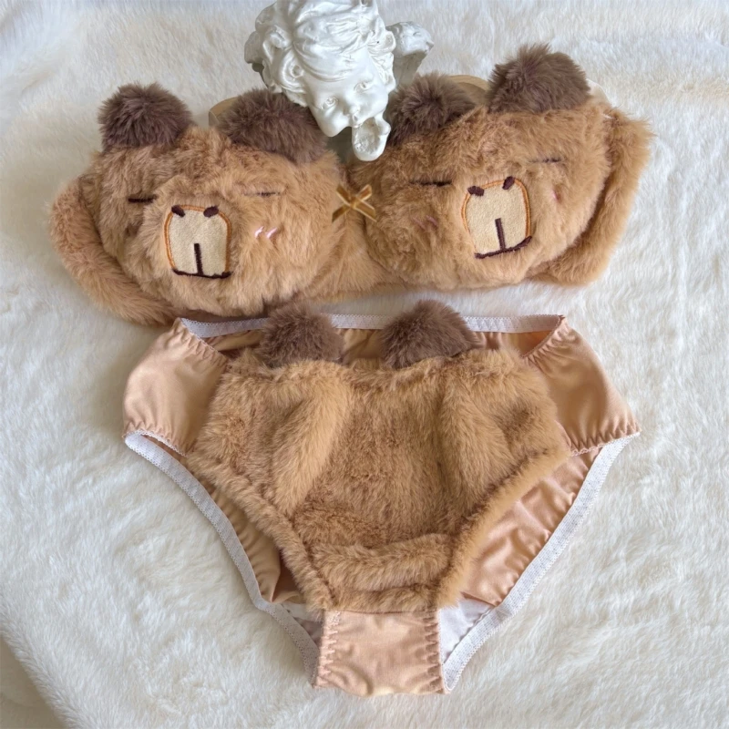 Women's 2Pcs Furry Bra and Panty Set Capybara Embroidery Fuzzy Plush Wireless Underwear Japanese Anime Lingerie