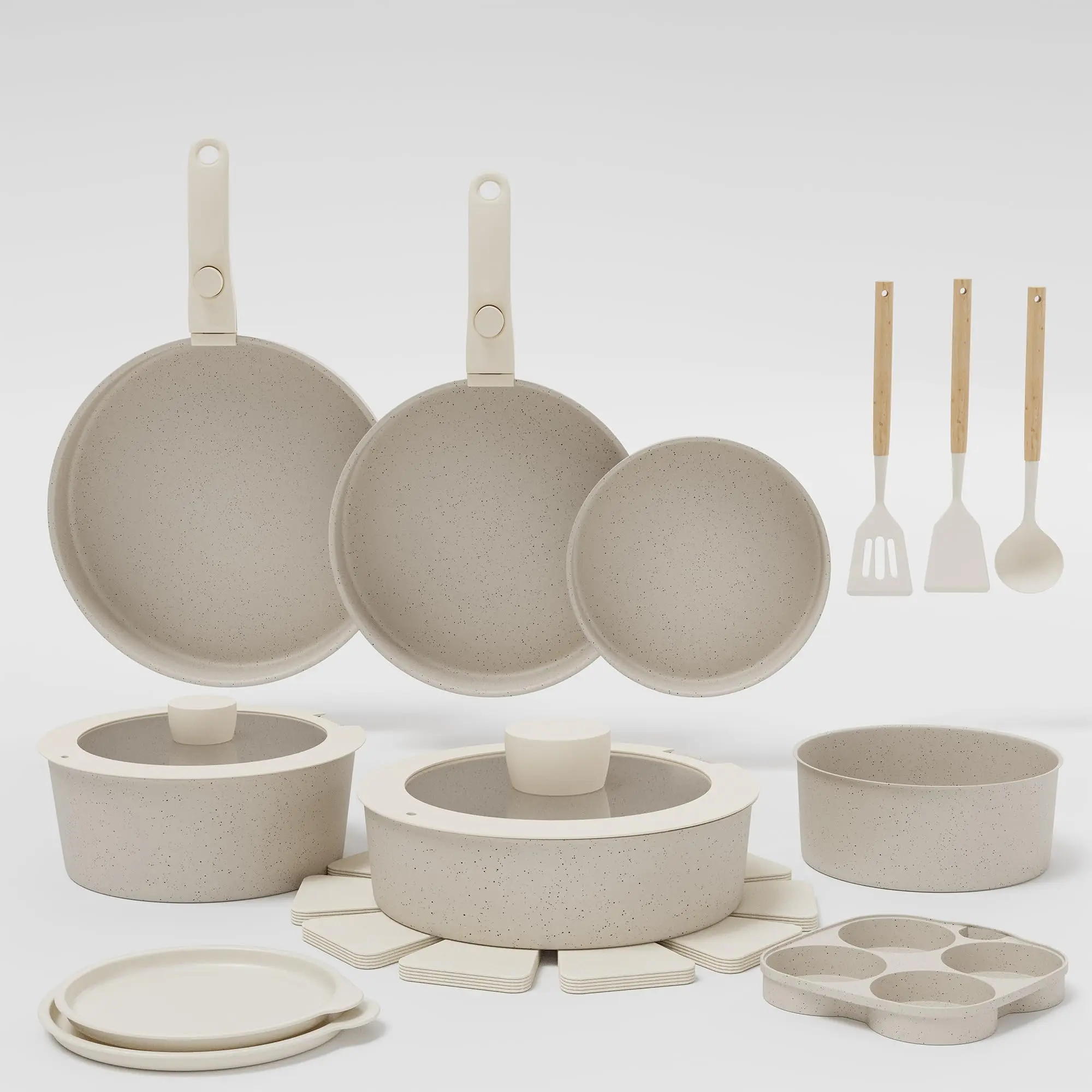 Zestaw kuchenny 21 elementów, wykonany z aluminium, z ceramiczną powłoką zapobiegającą przywieraniu, z odpinanymi uchwytami, kompatybilny z płytami indukcyjnymi, możliwość układania w stos, nie