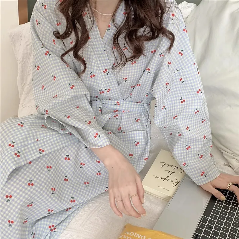 Small Fresh Sweet Plaid Cherry Plaid Robe Nightgown Nightgown Female Models Spring and Summer Long-Sleeved Bathrobe Homewear image 2