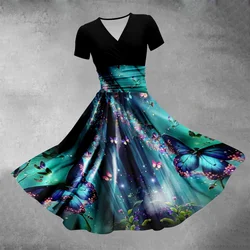 Summer Dress Butterfly Print Dresses Fashion Women Big Swing Oversize Stylish V-Neck Party Sundress Girl Vestidos Elegant Robe