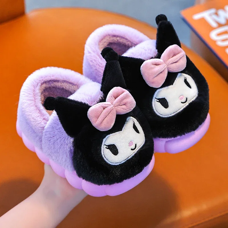 Kawaii Children Winter With Heels Cotton Slippers Cartoon Anime Kuromi Cinnamoroll Kid's Indoor Home Slippers Girl Gift