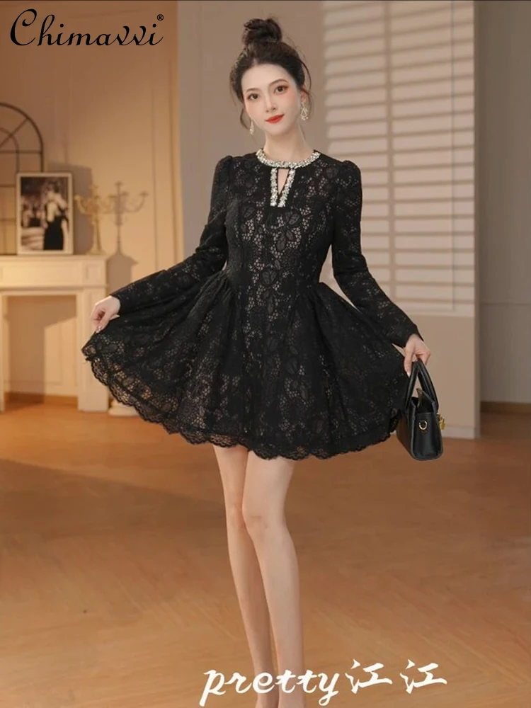 

French Elegant Hepburn Style Birthday Party Dress Diamond Round Neck Long Sleeves High Waist Black Lace Mini Dress Women Autumn