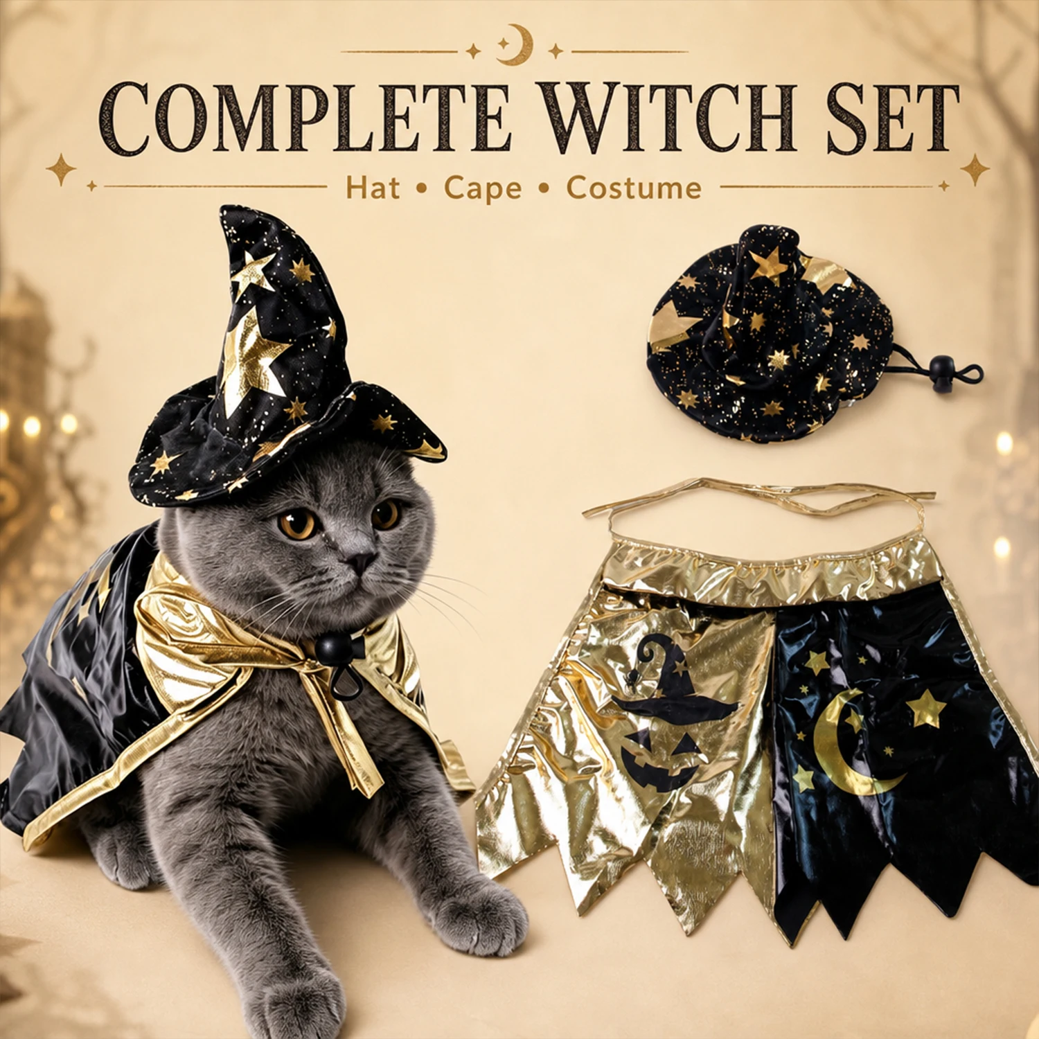 Halloween Witch Pet Costume Set for Cats & Small Dogs, Black Gold Star Moon Hat Cape Outfit, Funny Dress Up Clothes